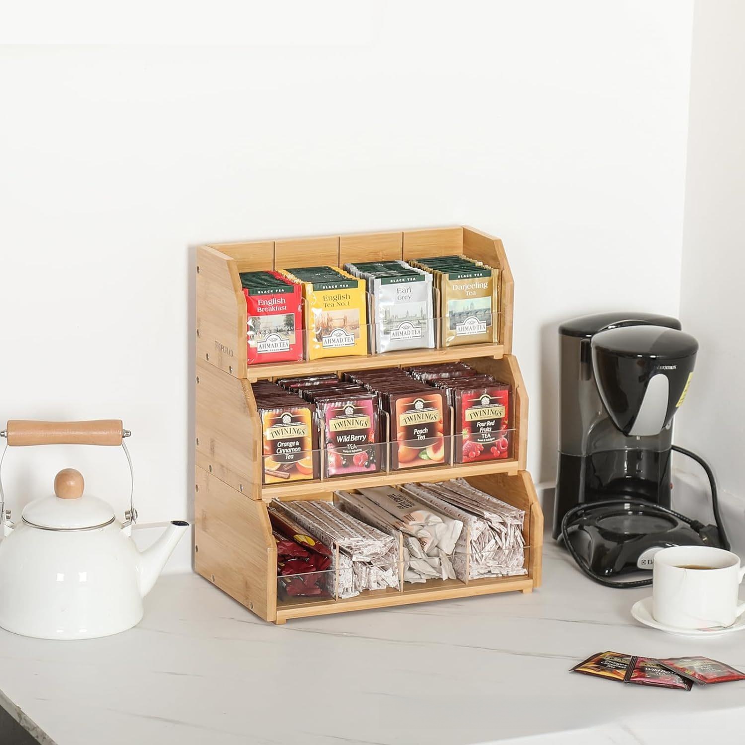 Coffee Tea Box - Bambus Teebeutel-Aufbewahrungsbox Dreischichtiges Kaffeetüten-Präsentationsregal Kaffeestation Teeraum