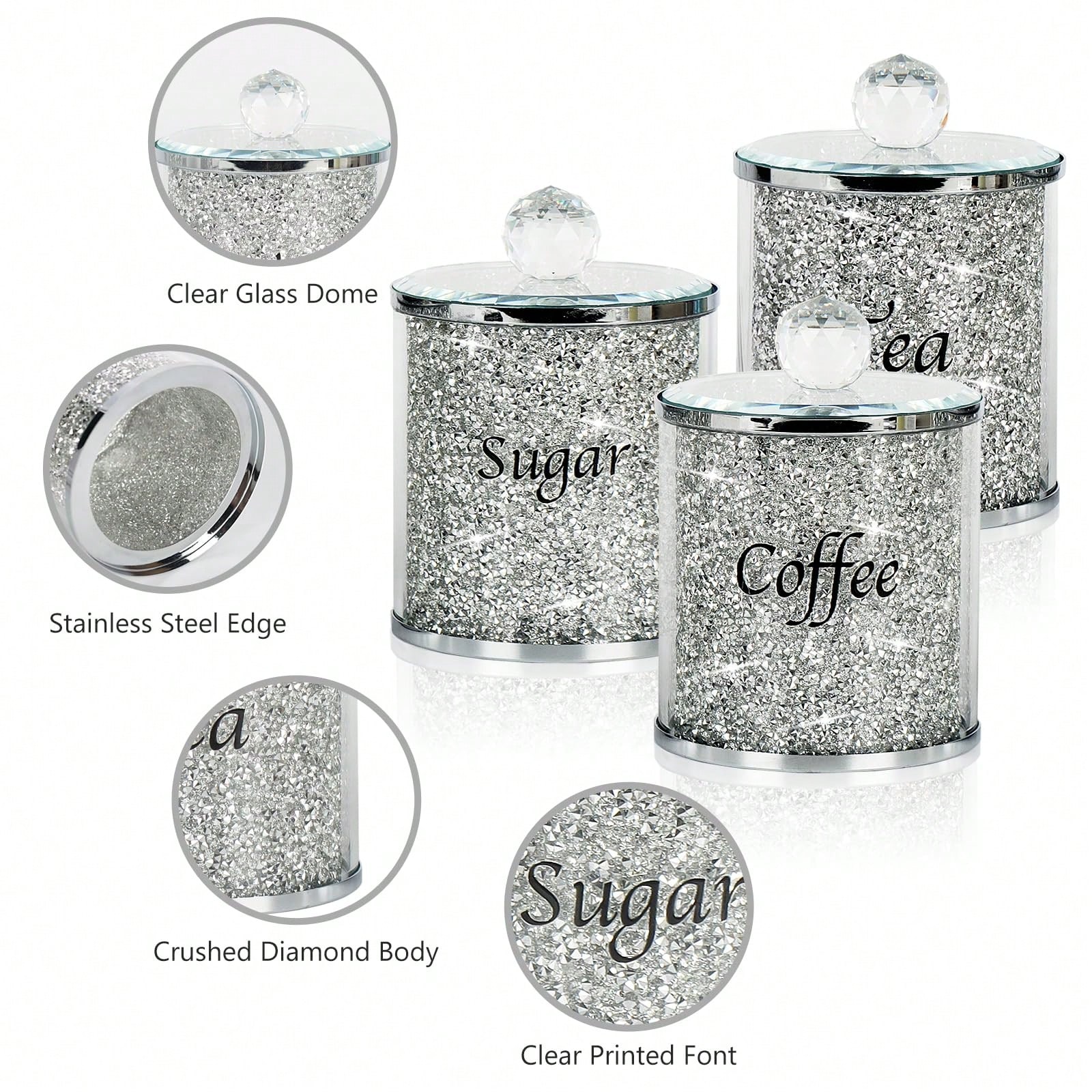 Coffee And Tea Bar - Kaffee-Zucker-Tee-Dosen-Set, glitzerndes, diamantgeschliffenes Küchen-Aufbewahrungsset, 4-teiliges Set